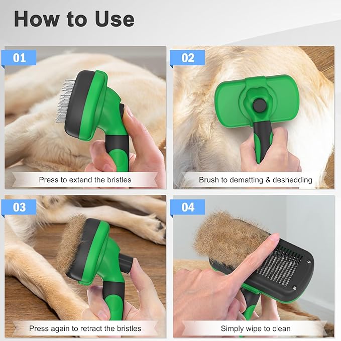 Self Cleaning Shedding Brush for Dogs & Cats, Skin Friendly Cat Brush, Dog Grooming Brush, Dog Brush for Shedding, Deshedding Brush, Puppy Brush Hair Brush for Haired Dogs, Green