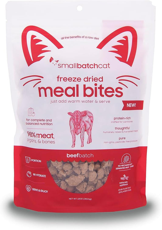 smallbatch Pets Cat Freeze Dried Meal Bites, Premium Raw Cat Food, Beef Recipe, 10 oz, Humanely Sourced Meat and Made in The USA