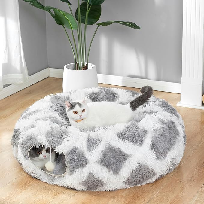 LUCKITTY Warm Fluffy Plush Cat Dog Tunnel Bed with Washable Cushion- Big Tube Playground Toys 3 FT Diameter Collapsible, for Indoor Cat Kitty Kitten Puppy Rabbit Ferret Gray-White Diamond Pattern