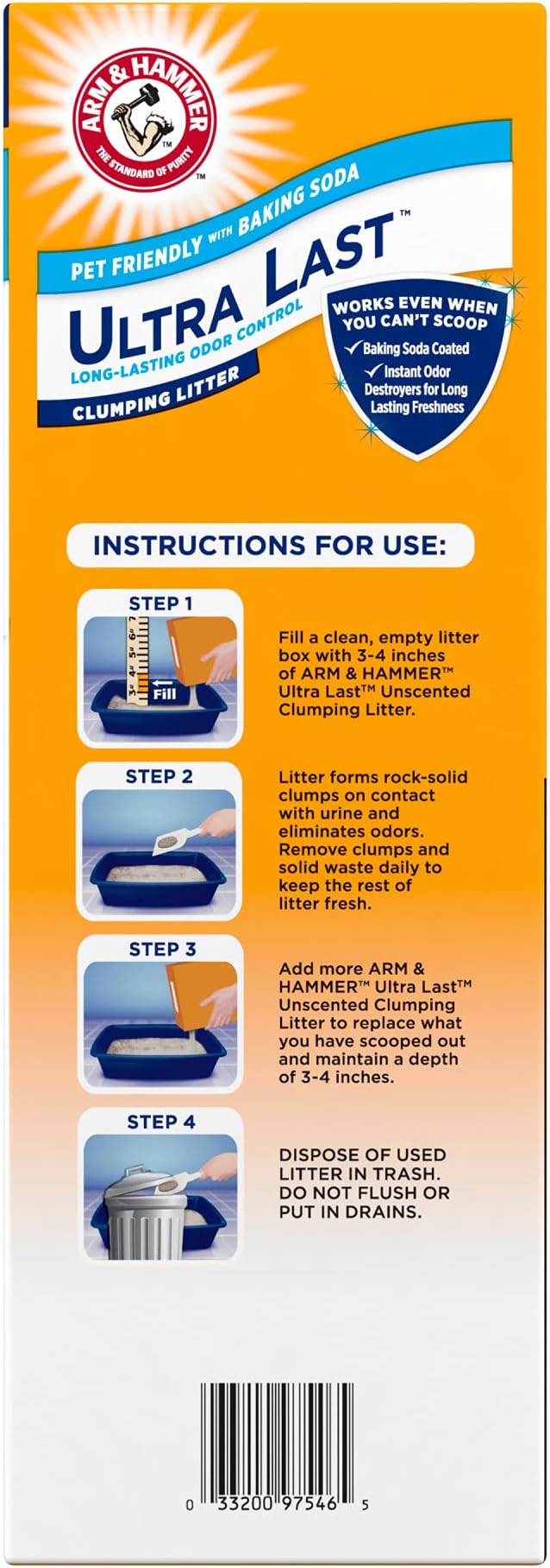 Arm & Hammer Arm Hammer Ultra Last Unscented Clumping Cat Litter, MultiCat 18lb, Pet Friendly with Baking Soda