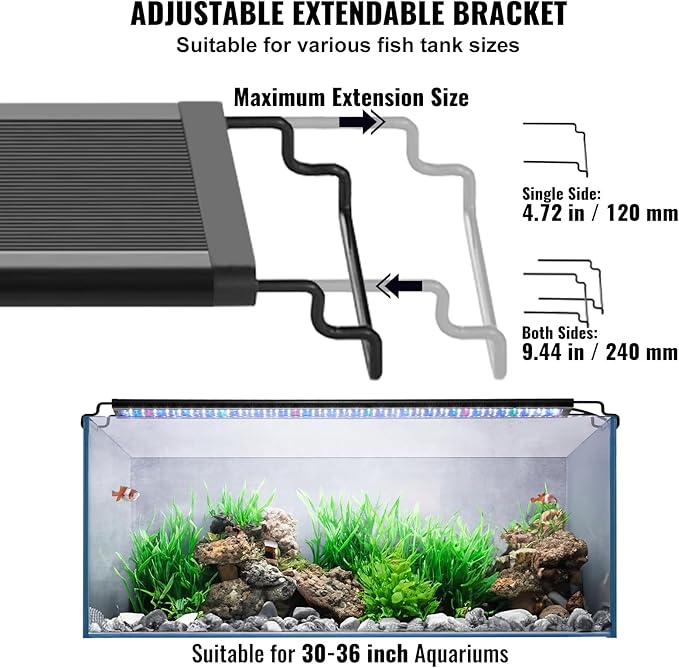 VEVOR Aquarium Light, 26W Full Spectrum Fish Tank Light with 24/7 Natural Mode, Adjustable Timer & 5-Level Brightness, with Aluminum Alloy Shell Extendable Brackets for 30"-36" Freshwater Planted Tank