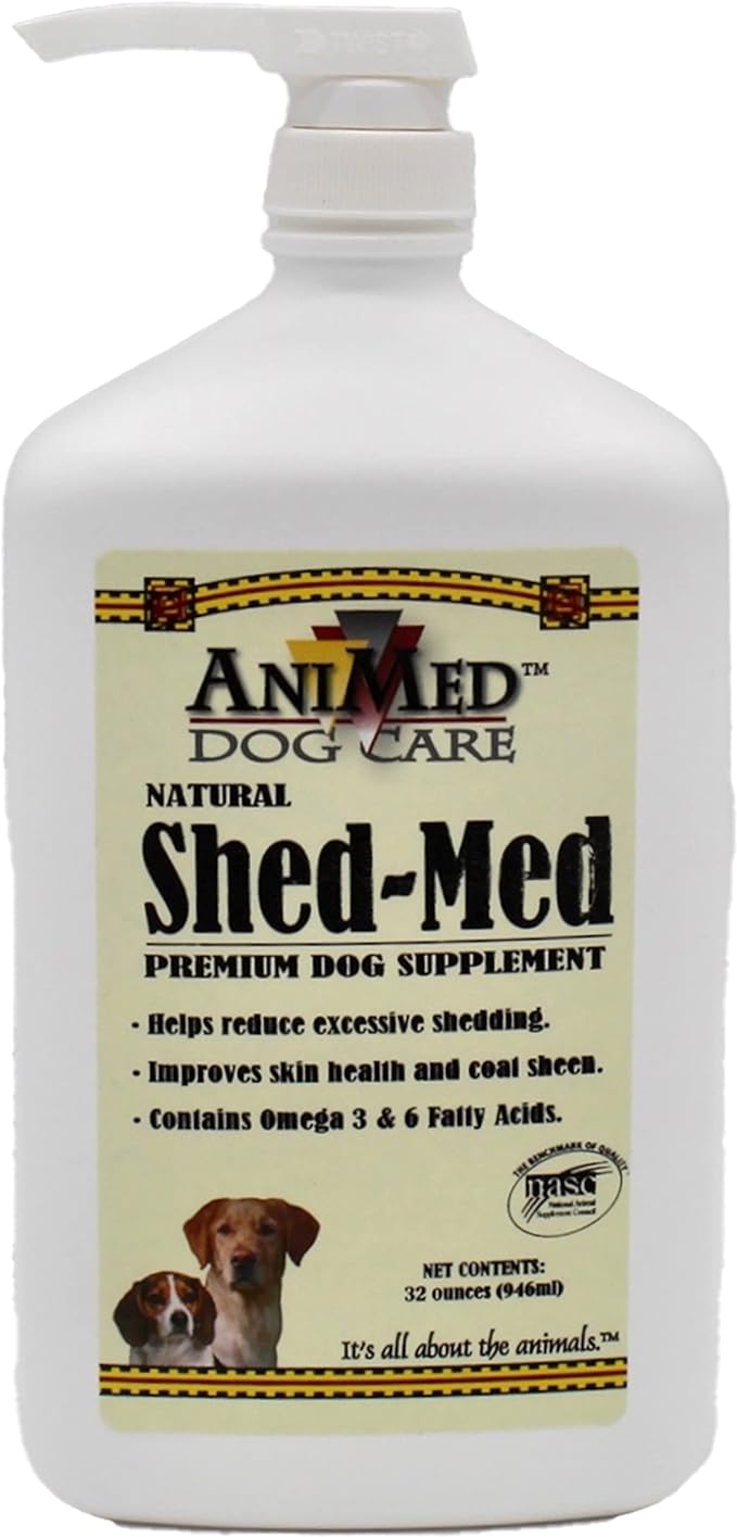 AniMed Shed-Med Premium Dog Supplement - Natural Ingredients for Reduced Shedding and Improved Skin and Coat Health, Skin and Coat Supplement for Dogs 32 oz