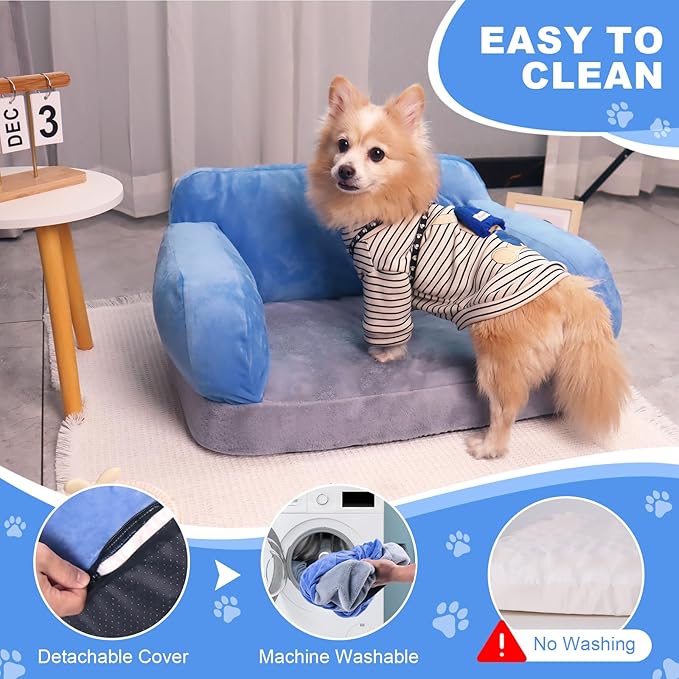 Dog Bed Couch for Small Medium Dogs, Orthopedic Pet Sofa with Reversible Memory Foam & Washable Fabric Cover, Soft Dog Sofa Bed for Indoor Puppies, Kitten, Cats Lounge Sleeping - Gray & Blue