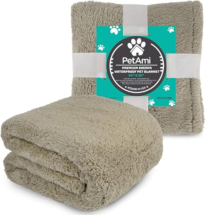 PetAmi Fluffy Waterproof Dog Blanket for Small Medium Dogs, Soft Warm Pet Sherpa Throw Pee Proof Couch Cover, Reversible Cat Puppy Bed Blanket Sofa Protector, Plush Washable Pad (Taupe Camel, 24x32)