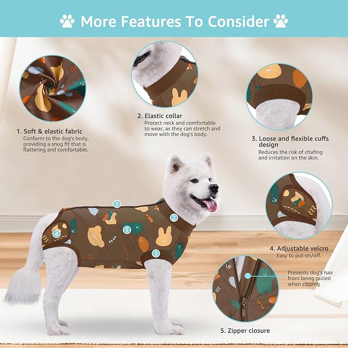 Recovery Suit for Dogs, Dog Surgery Recovery Suit with Zipper Closure Post Spay, Neuter, Abdominal Surgical Suit for Male Female Dogs Can Pee, Prevent Licking Dog Onesies, Brown Bear, Large+