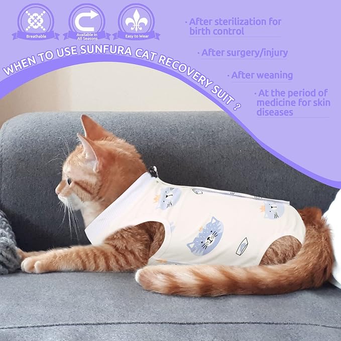 SUNFURA Cat Recovery Suit, Kitten Surgical Full Bodysuit for Abdominal Wound Protector Anti Licking After Surgery, Professional Bandages Cone E-Collar Alternative for Small Male & Female Pets