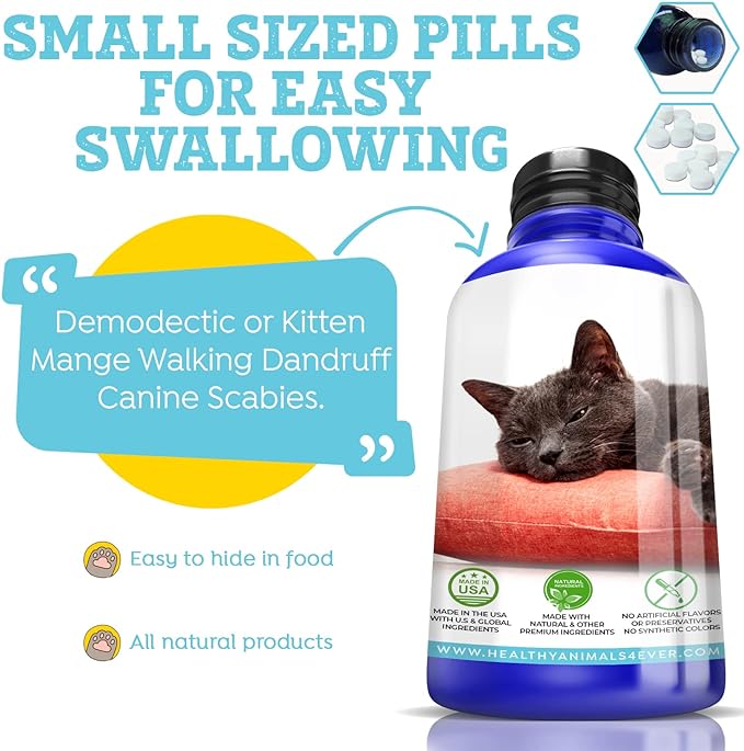 Mange Relief for Cats - Treatment for Itchiness, Scabs, & Hair Loss Caused by Mites - All-Natural, Homeopathic, Non-GMO, Organic - Gluten, Preservative & Chemical Free - 300 ct