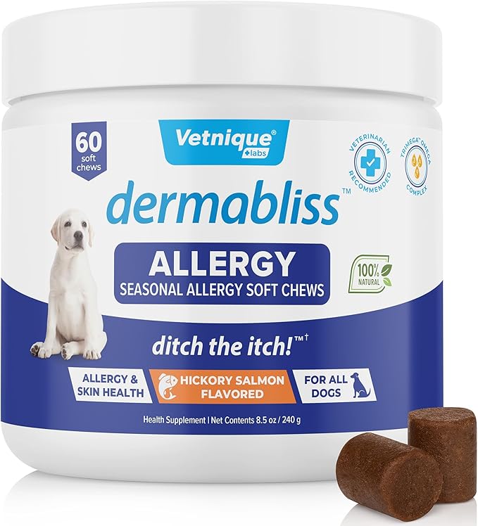 Vetnique Dermabliss Seasonal Dog Allergy Relief & Immune Support Supplement Allergy Chews for Dogs Itching and Licking with Omega 3 Fish Oil & Probiotics for Itch Relief - Vet Recommended (60ct Chews)