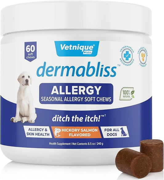 Vetnique Dermabliss Seasonal Dog Allergy Relief & Immune Support Supplement Allergy Chews for Dogs Itching and Licking with Omega 3 Fish Oil & Probiotics for Itch Relief - Vet Recommended (60ct Chews)