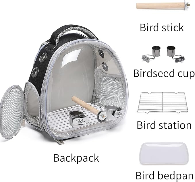 Bird Carrier Cage, Pet Travel Carrier Backpack with Standing Perch,Parrot Cockatiel Carrier bag, Food Bowl for Lovebirds Conures Parakeet Budgie Canary & Small Animal (accessories+black)