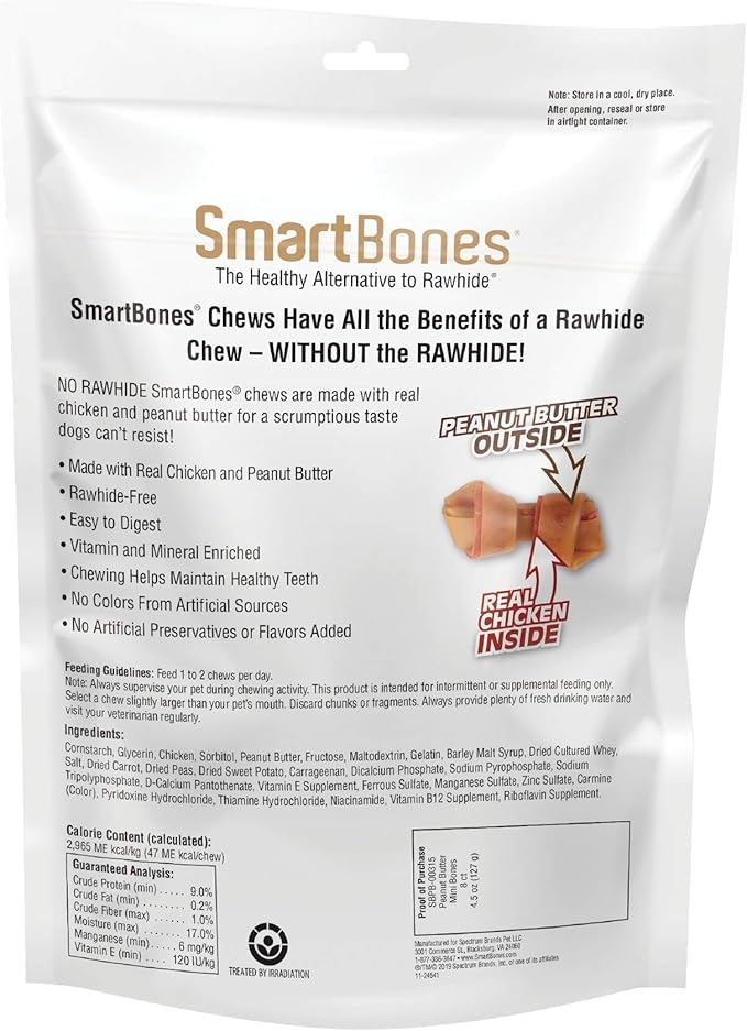 Smartbones with Peanut Butter Mini Chews 8 Count, Rawhide-Free Chews for Dogs, No Artificial Preservatives or Flavors Added