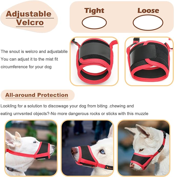 HEELE Dog Muzzle Nylon Soft Muzzle Anti-Biting Barking Secure,Mesh Breathable Pets Muzzle for Small Medium Large Dogs Red,Size L