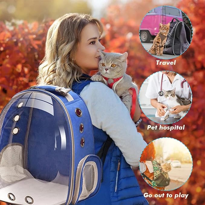 Cat Backpack Carrier, Pet Cat Carrier with Ventilated Design for Carrying Puppy Cats, Pet Carrier Back Pack Bag Space Capsule for Traveling/Hiking/Camping/Outdoors (Blue)