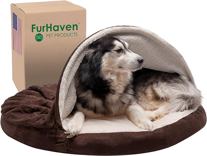 Furhaven 44" Round Memory Foam Dog Bed for Large Dogs w/ Removable Washable Cover, For Dogs Up to 80 lbs - Sherpa & Suede Snuggery - Espresso, 44-inch