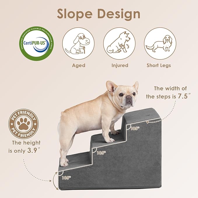 EHEYCIGA Dog Stairs for Small Dogs 15.7" H, 3-Step Dog Steps for Small Dogs and Cats, Slope Pet Steps with Non-Slip Bottom, Dark Grey