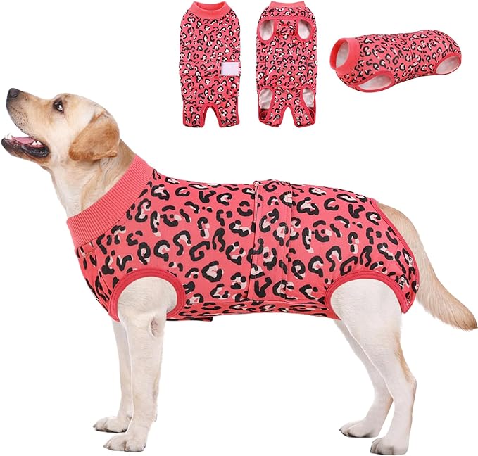 AOFITEE Dog Recovery Suit, Dog Surgical Recovery Suit for Female Dogs Male Dogs, Cozy Dog Onesie for Surgery, Cone E-Collar Alternative, Anti Licking Dog Surgical Shirt with Pee Hole, Pink Leopard L