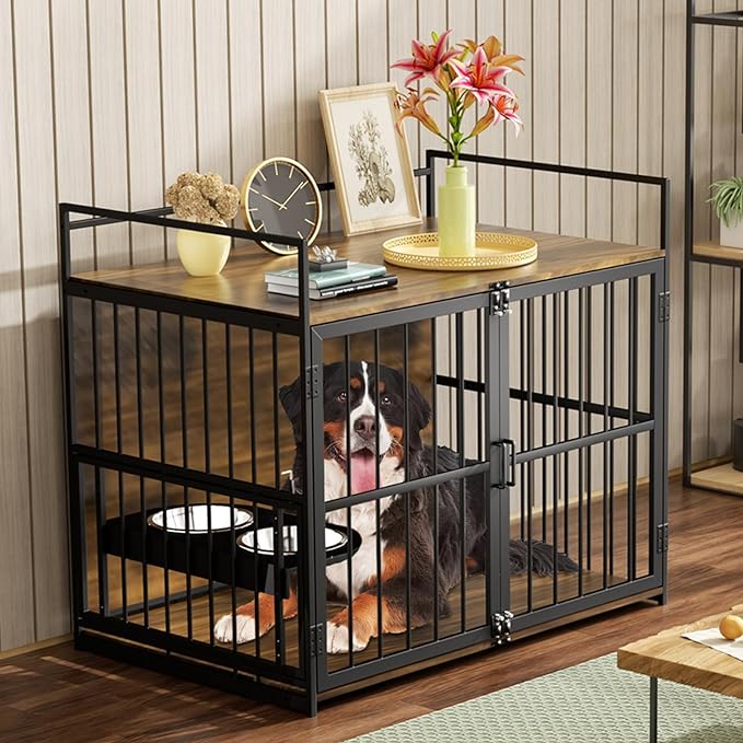 ROOMTEC Dog Crate Furniture-Style Cages for Large Dogs Indoor Heavy Duty Super Sturdy Dog Kennels with 2 Stainless Steel Bowls (48Inch = Int.dims: 46" W x 29" D x 35.5" H)