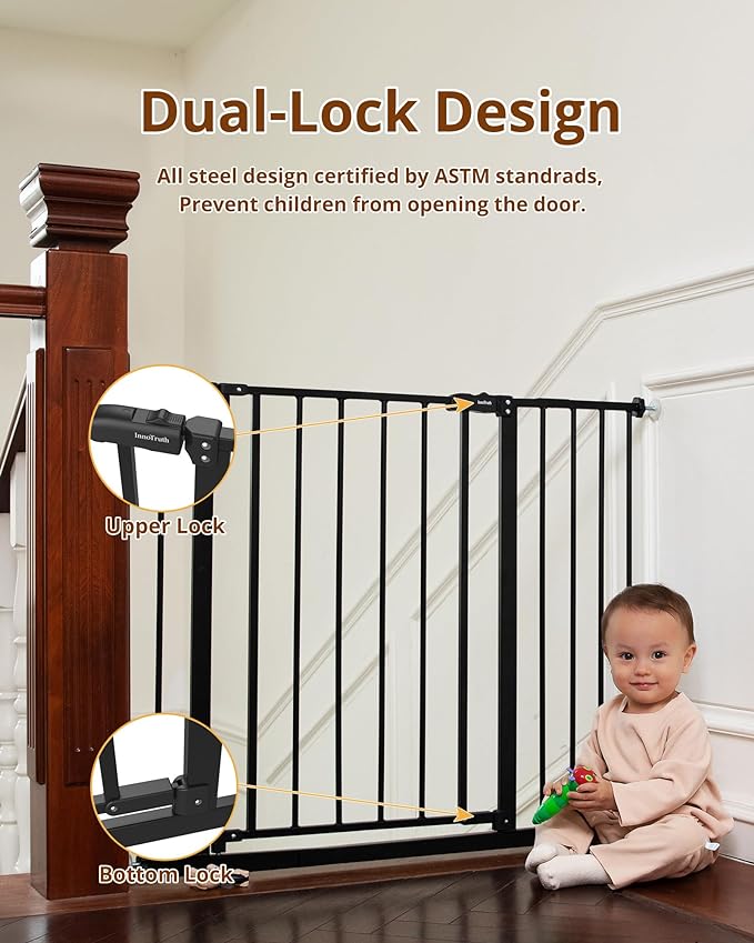 InnoTruth Baby Gate for Stairs 28.9-42.1" Wide, 30" Tall Easy Step Walk Through Expandable Dual Lock Dog Gates for The House, Metal Pressure Mounted Easy Install Pet Gate for Dogs, Black