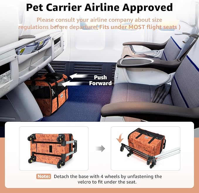 Lekereise Cat Carrier with Wheels for Small Pet, Airline Approved Dog Carrier with Wheels, Rolling Dog Cat Carrier, Orange