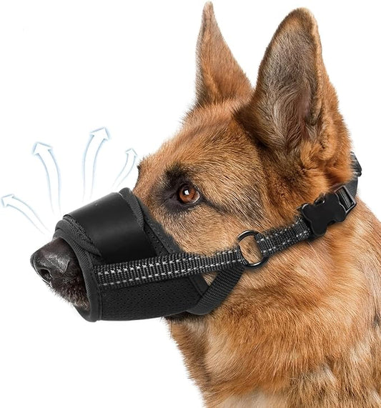 Dog Muzzle, Air Mesh Breathable Muzzle for Medium Large Sized Dogs to Anti & Prevent Biting Barking Chewing, Soft Basket Muzzle for German Shepherd Dog with Reflective & Adjustable Strap(Black-S