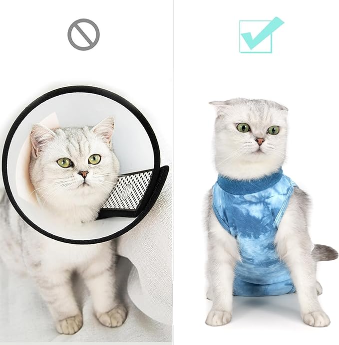 Cat Recovery Suit for Male and Female Surgical Post Surgery Soft Cone Onesie Tie Dye Cats Shirt Clothes Neuter Licking Protective Diapers Outfit Cover Kitten Spay Collar Alternative(Navy Blue, L)