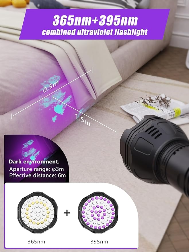 UV Blacklight Flashlights Rechargeable 365nm + 395nm 51 LEDs, Black Light for Pet Urine Detection Cat Dogs, Ultraviolet Flashlight for Resin Scorpion Bed Bugs Handheld Black Light Battery Built-in