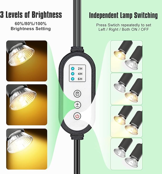 Reptile Heat Lamp, Dual-Head UVA/B Reptile Light with Cycle Timer, Basking Light for Reptile Turtle Bearded Dragon Lizards Snake, E26/27 Base with 4 Bulbs (2PCS 25W and 2PCS 50W)