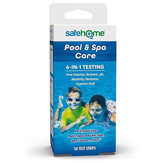 Safe Home® 6-Way Pool & Spa Care – 50 Medical Grade Strips/Kit – Test Freshwater or Saltwater – Chlorine, Bromine, pH, Alkalinity, Hardness, & Cyanuric Acid