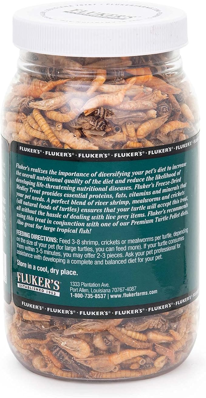 Fluker's Aquatic Turtle Food, Vitamin, Enriched Medley Treats of Freeze, Dried River Shrimp, Mealworms, and Crickets, 2.9 oz