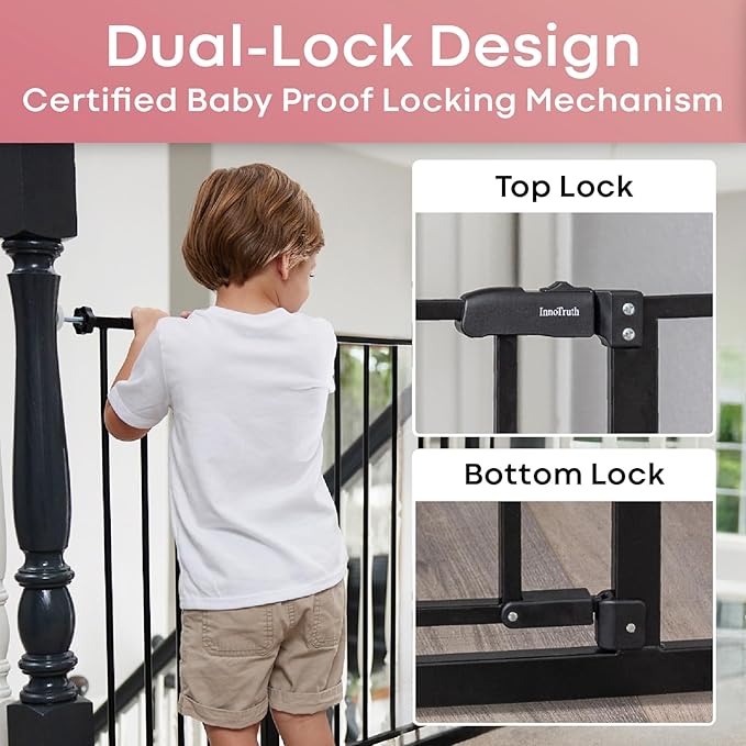 InnoTruth 28.9-42.1" Wide Baby Gate for Stairs, 30" Tall Dog Gates for Doorways Expandable One-Hand Open, Easy Walk Through Dual Lock Metal Pet Gates for Dogs, Black-Family & Mom's Choice Award Winner