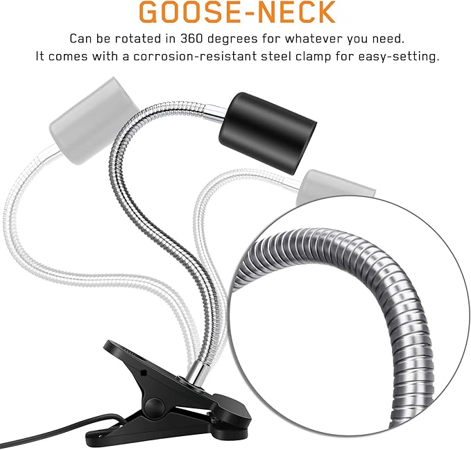 Reptile Heat Lamp,Heating Lamp with Clamp, Adjustable Habitat Basking Heat Lamp,UVA/UVB Light Lamp 360° Rotatable Clip and Dimmable Switch for Aquarium(Bulb Included) (E27,110V)