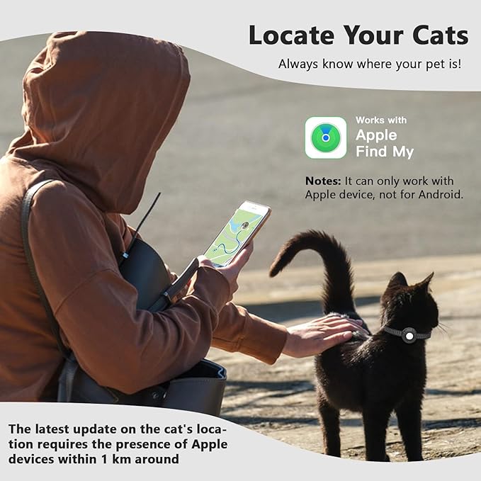 Cat Tracker Collar, No Monthly Fee Pet Tracker for Cats (iOS Only), Pet Dog Location Tracker with Safety Elastic Buckle, Air Tracker Tag Included, Only Support Apple Find My App