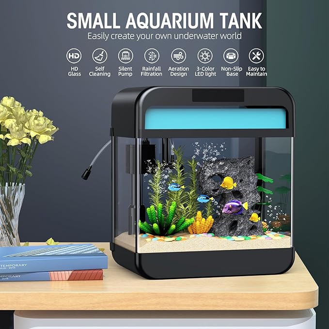 Fish Tank Aquarium 2.2 Gallon with Adjustable 3 Color Lighting Self Cleaning 3 in 1 Pump with Filteration, Oxygenation, Water Circulation Triple Function, HD Float Glass, Leak-Proof Thickened Base