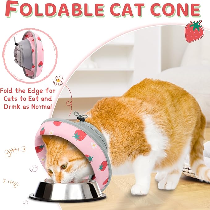 Cat Cone, Adjustable Cat Cone Collar Soft to Stop Licking, Foldable Cute Cat Cone Alternative, Water Resistant Neck Cone for Cats, Lightweight Cat Recovery E Collar for Cat Kitten（Pink，S