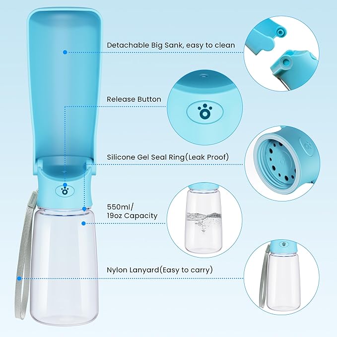 Portable Dog Water Bottle Dispenser [Leak Proof & Foldable] Dog Travel Water Bottle Bowl Accessories for Puppy Small Medium Large Dogs Pet Water Bottles for Dogs Walking Outdoor Hiking 19OZ