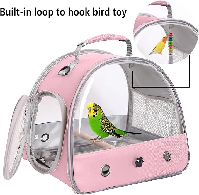 Bird Travel Carrier, Portable Small Bird Parrot Parakeet Carrier with Standing Perch and Stainless Steel Tray, Side Access Window Collapsible