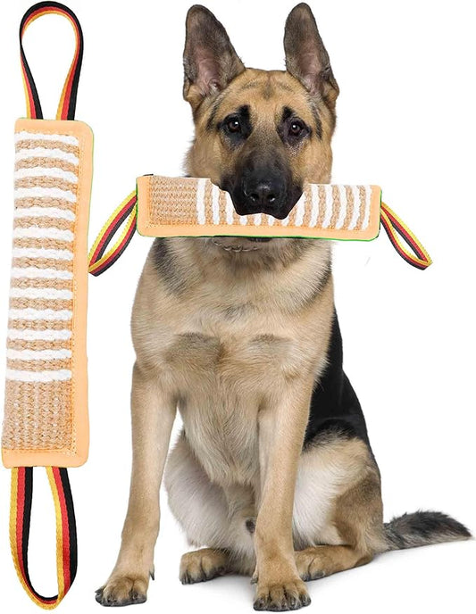 Dog Tug Toy Dog Tough Jute Bite Pillow - Durable Training Equipment - Two Flag Handles Puppy to Large Dogs Interactive Toy war toys for aggressive chewers.