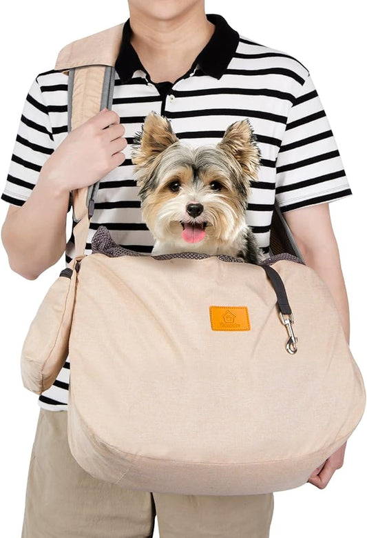 Ownpets Pet Sling Carrier, Fits 15 to 20lbs Extra-Large Dog/Cat Sling Carrier Reversible and Hands-Free Dog Bag with Adjustable Strap and Pocket Shoulder Pad, Beige