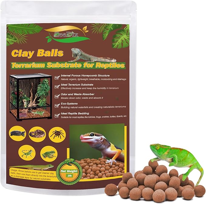 ZeeDix 2LBS Clay Balls Reptile Terrarium Substrate, 4mm-16mm Lightweight Expanded Clay Pebbles Reptile Bedding Substrate for Frogs Bearded Dragon Snakes Tortoises