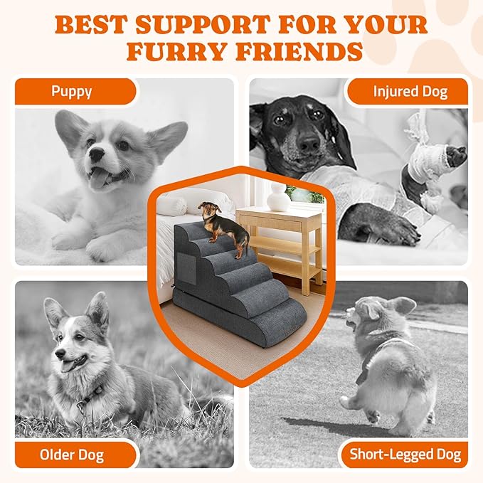 Dog Stairs for High Bed: Foam Pet Stairs for Dogs to Get on Bed Couch, 24" Tall Dog Steps for Small Dogs, Cat Stairs for Old Cats with Side Pockets, Detachable Dog Bed, 6 Tiers, Grey