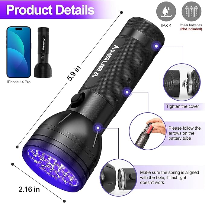 Vansky UV Flashlight Black Light, 51 LED Blacklight Pet Urine Detector for Dog/Cat Urine, Dry Stains, Bed Bug, Resin Curing, Scorpions Finder