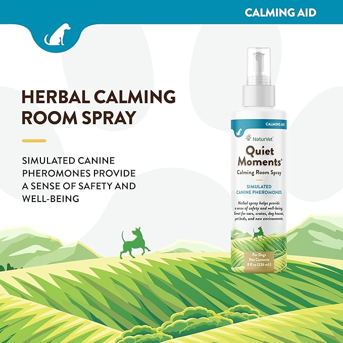 NaturVet Quiet Moments Herbal Calming Room Spray Dog Supplement – Ideal for Cars, Dog Crates, New Environments – Helps Reduce Pet Stress, Storm Anxiety, Motion Sickness – 8 Oz.