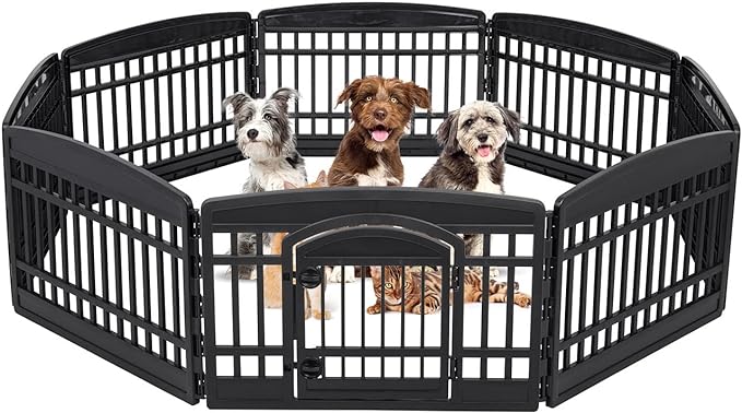 IRIS USA Dog Playpen, 8-Panel 24" Pet Playpen with Door, Puppy Playpen, Indoor/Outdoor Dog Pen, 84 x 84 x 24, Foldable, Customizable, Black