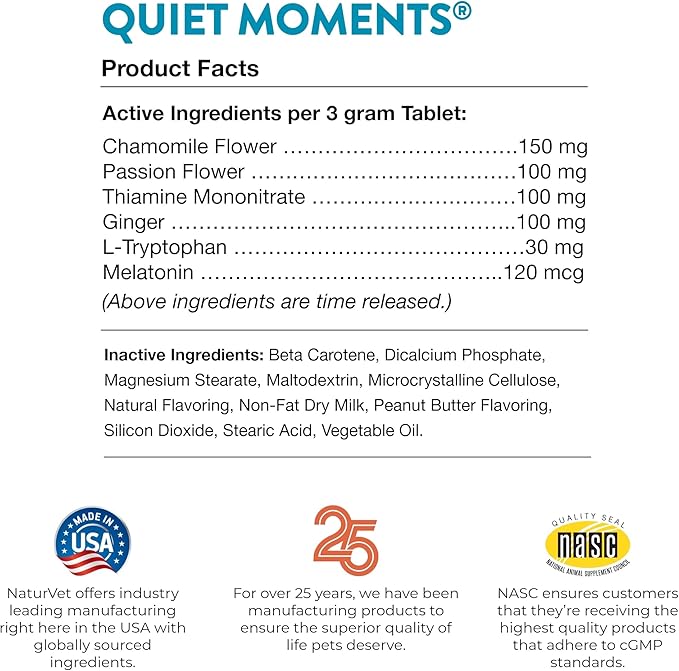 NaturVet Quiet Moments Calming Aid Dog Supplement, Helps Promote Relaxation, Reduce Stress, Storm Anxiety, Motion Sickness for Dogs (Quiet Moments Melatonin, 60 Soft Chews)