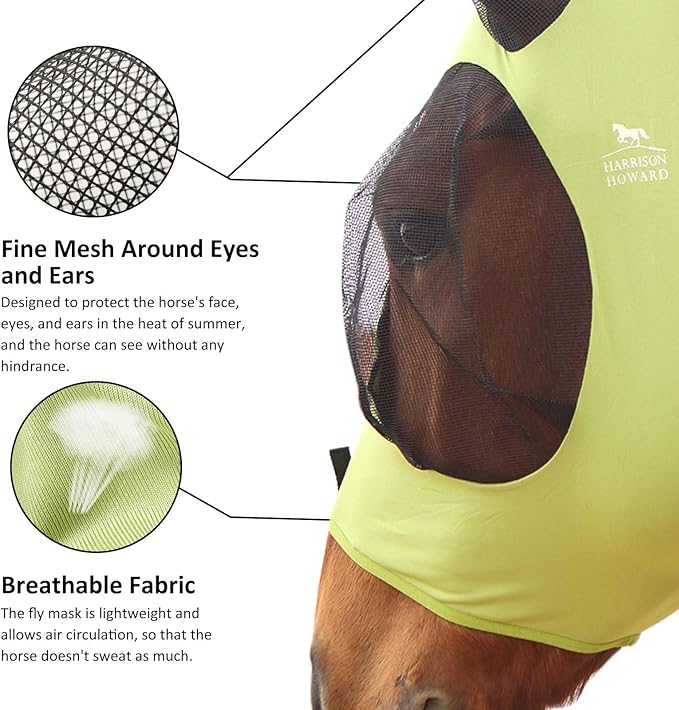 Harrison Howard Super Comfort Stretchy Fly Mask Large Eye Space with UV Protection Soft on Skin with Breathability Light Olive Large