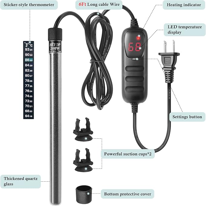 HITOP Mini Submersible Aquarium Heater - 200W Digital Heater for Fish Tank Turtle Tank 25-50 Gallon，Saltwater and Fresh Water with Temperature Controller