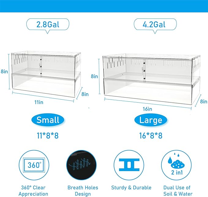 Reptile Terrarium Tank, Hermit Crab Bearded Dragon Enclosure Cage, Habitat Feeding Breeding Box for Amphibian Jumping Spider, Clear Acrylic, 16x8x8 Inch