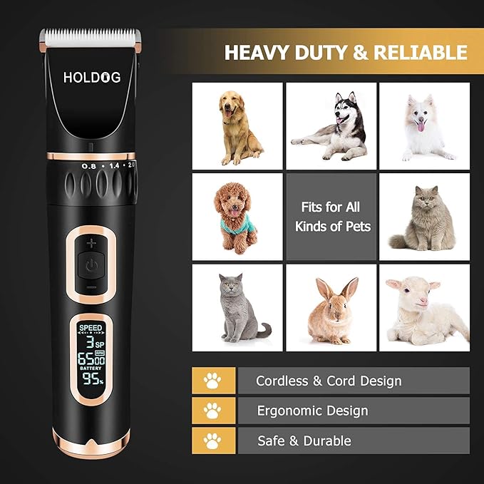 Dog Clippers Professional Heavy Duty Grooming Clipper 3-Speed Low Noise High Power Rechargeable Cordless Pet Tools for Small & Large Dogs Cats Pets with Thick Coats