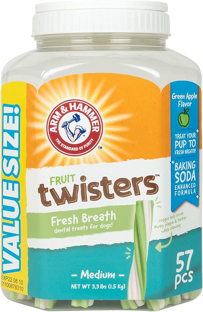 Arm & Hammer Fruit Twisters Dental Treats for Dogs, Value Pack Bucket 57 Pieces | Green Apple Flavored Dog Dental Chews Fight Bad Breath, Plaque & Tartar Without Brushing for Dog Dental Care