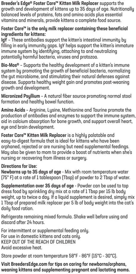 Breeder's Edge Foster Care Feline - Powdered Milk Replacer - for Kittens & Cats - 4.5 LB